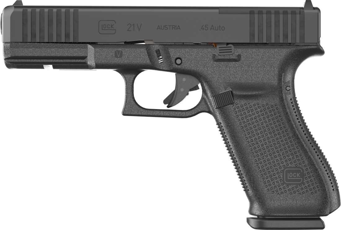A Glock 21V .45 auto handgun in black.