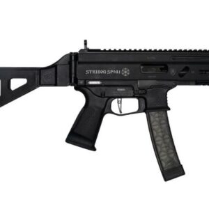 Black firearm with ergonomic design and magazine