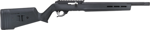 Side view of a sleek black rifle.
