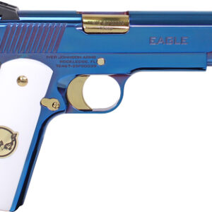 Blue and gold pistol with white grip.