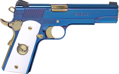 Blue and gold pistol with white grip.