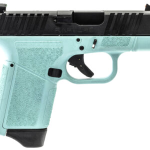 Turquoise semi-automatic handgun on white background.