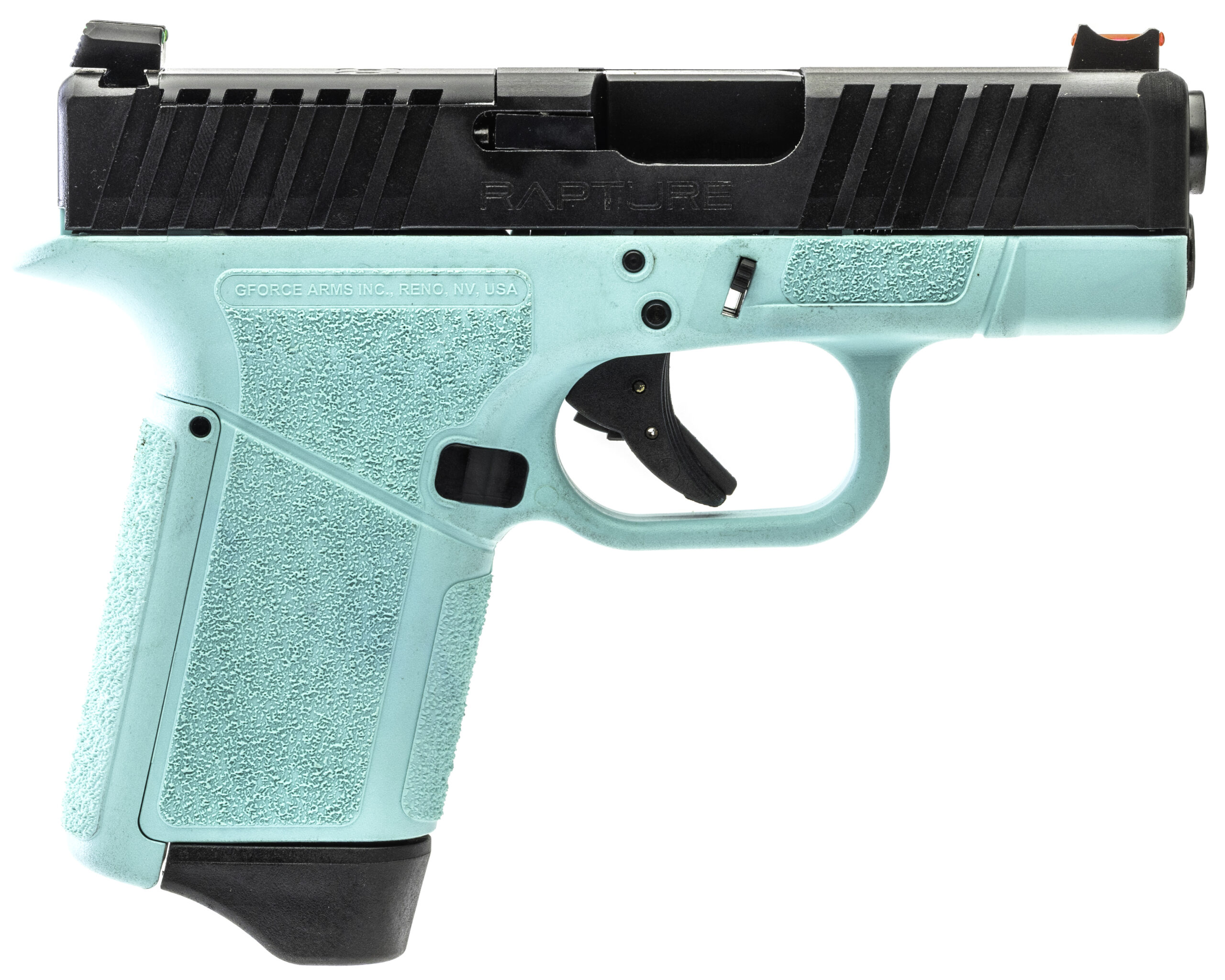 Turquoise semi-automatic handgun on white background.