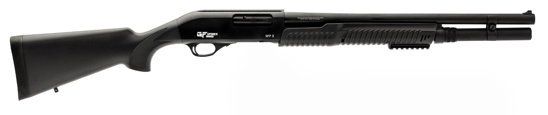Black shotgun with textured grip and barrel.