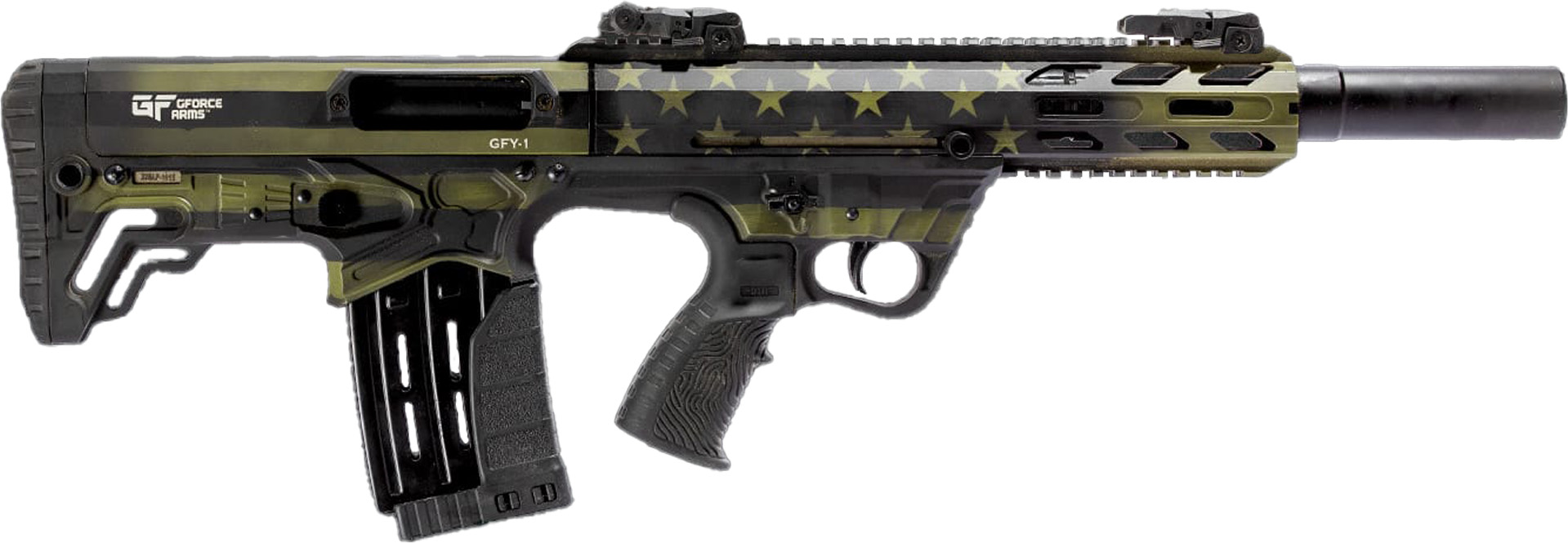 Green patterned tactical firearm on a white background.