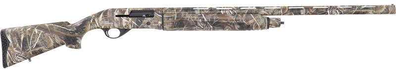 Camo-patterned shotgun on a white background