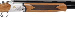 Side view of a stylish shotgun with wooden stock.