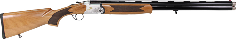 Side view of a stylish shotgun with wooden stock.
