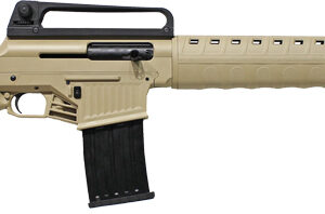 A tan tactical rifle on a white background.