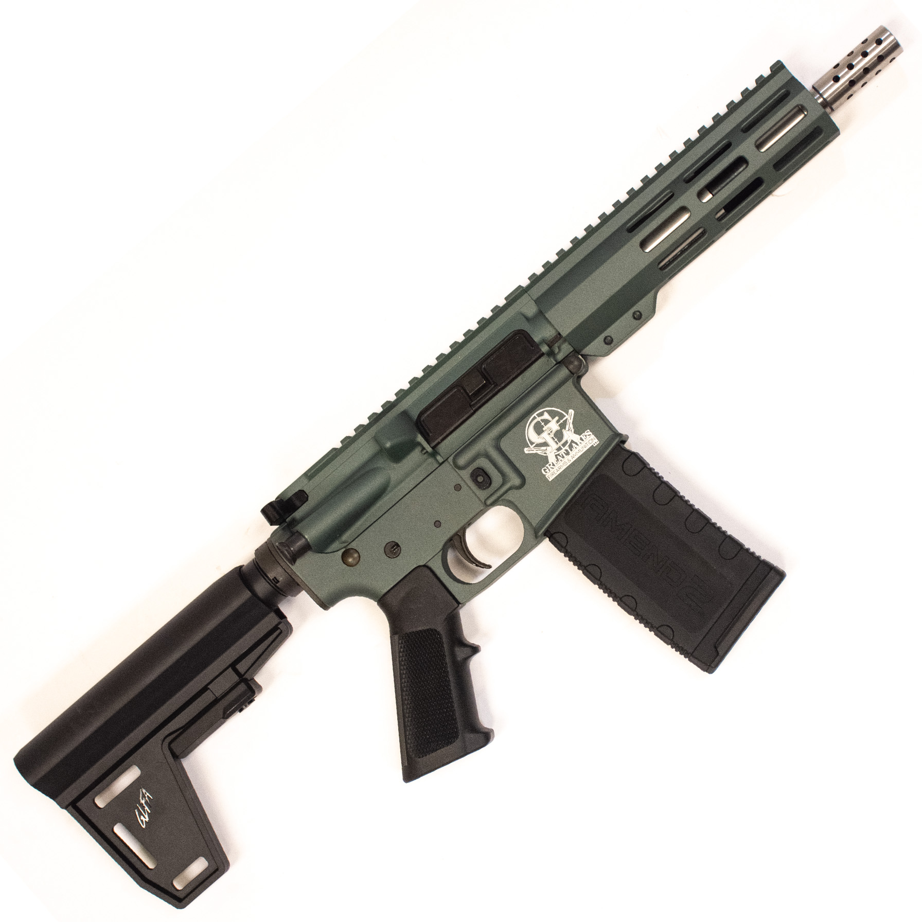 Green semi-automatic rifle on white background.