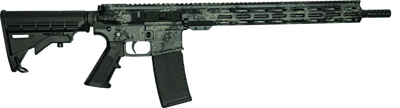 Black tactical rifle with camouflage design