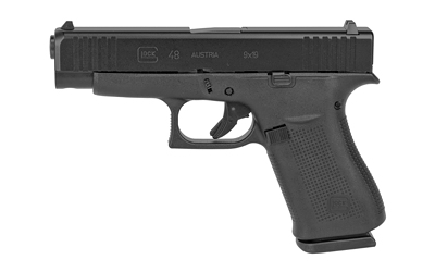 Glock 48 handgun, black, semi-automatic pistol.