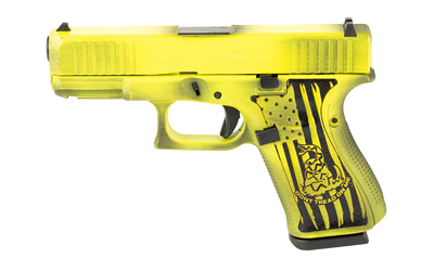 Bright yellow handgun with decorative design.