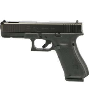 Black semi-automatic handgun on a white background.