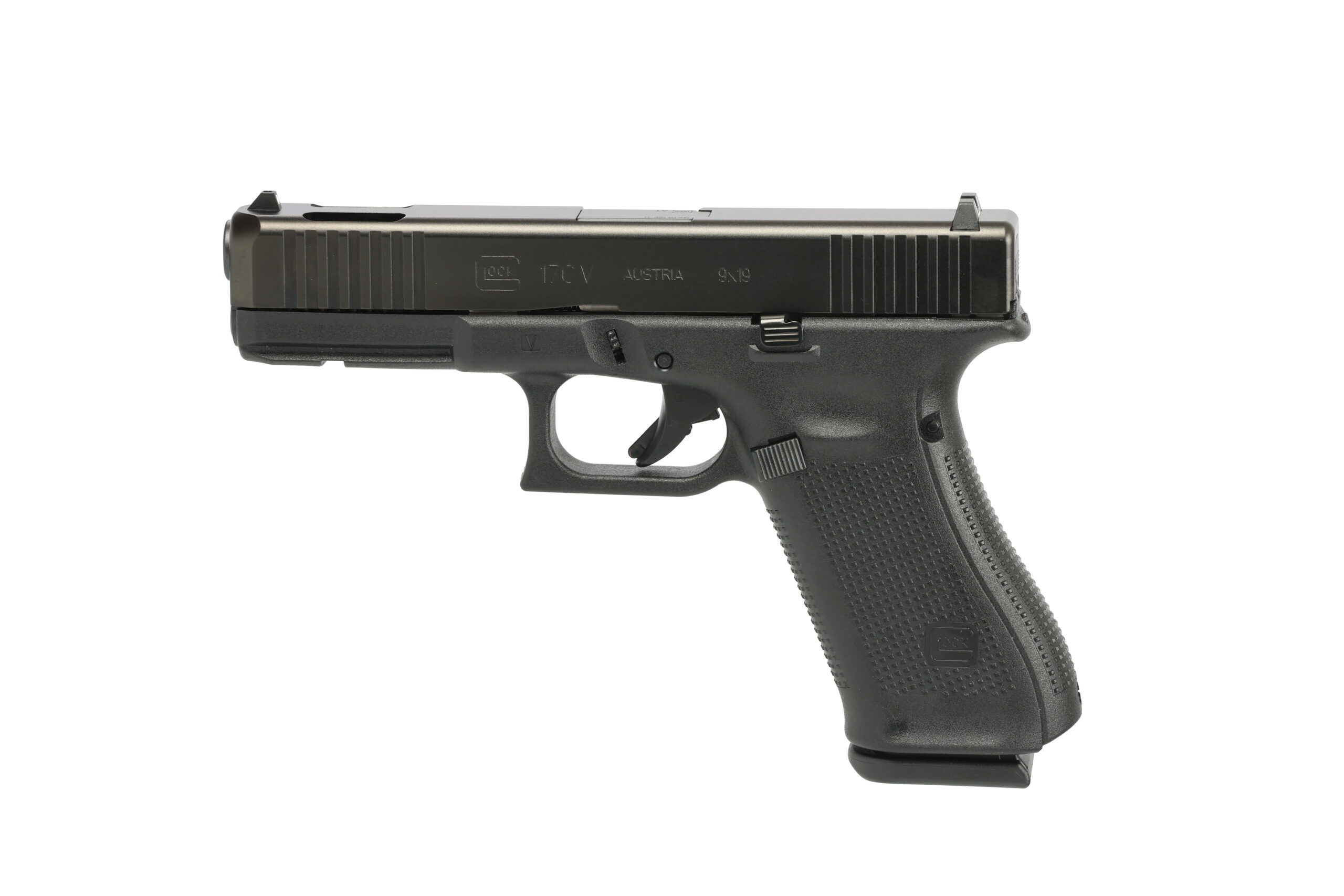 Black semi-automatic handgun on a white background.