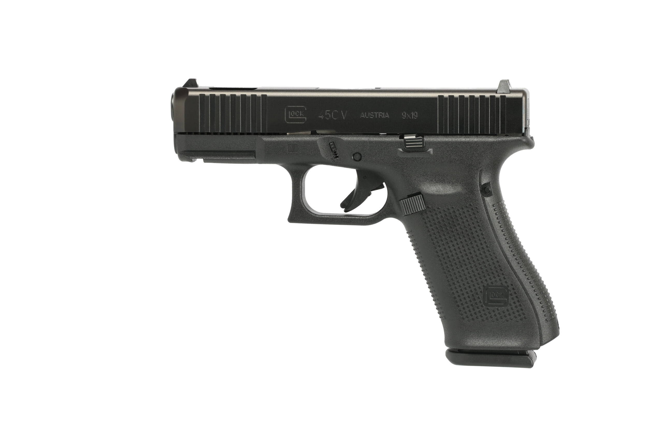 Side view of a black semi-automatic pistol.