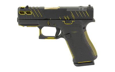 Black and yellow modern handgun on a white background.