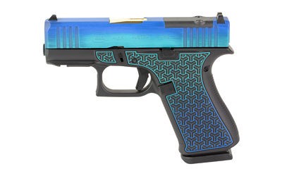 Handgun with blue and black design.