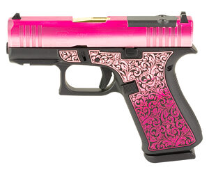 Stylish pink-patterned handgun on white background.