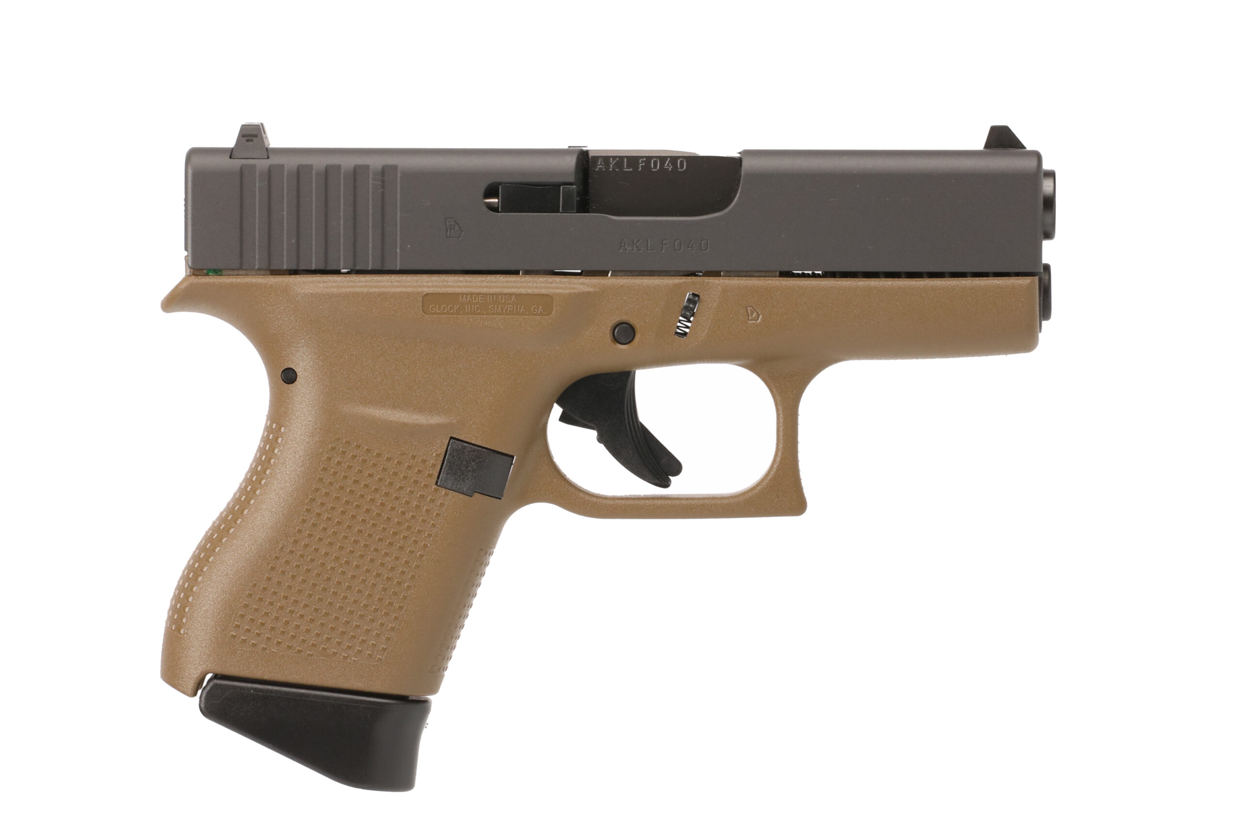 Side view of a Glock handgun with tan frame