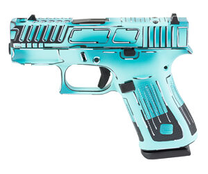 Stylized turquoise handgun on a white background