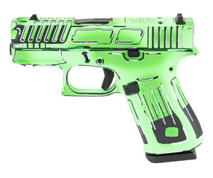 Green and black modern handgun on white background