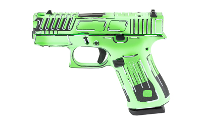 Green and black modern handgun on white background