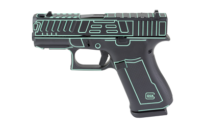 Black pistol with green line markings.