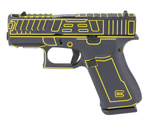 Black handgun with yellow design elements.
