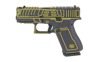 Black handgun with yellow design elements.