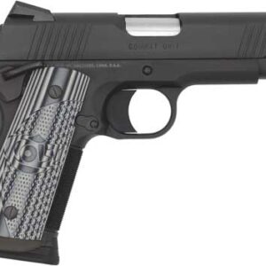 Black semi-automatic pistol on white background