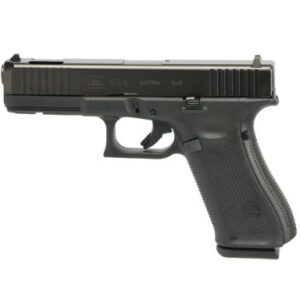 Side view of a black semi-automatic handgun.