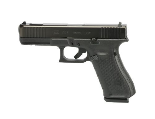 Side view of a black semi-automatic handgun.