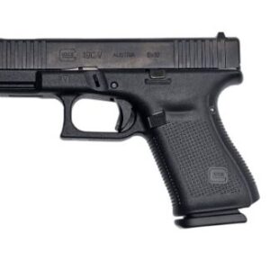Black semi-automatic handgun on a white background