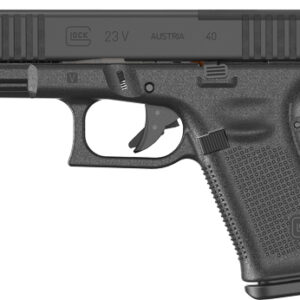 Black Glock 23 handgun with features highlighted.