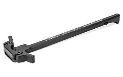 Black charging handle for firearms.