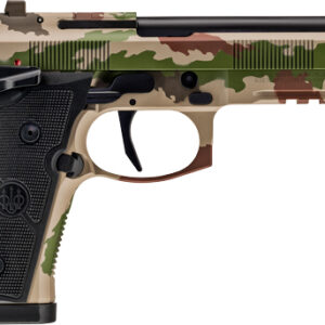 Camouflaged semi-automatic handgun on a white background.