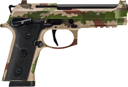 Camouflaged semi-automatic handgun on a white background.