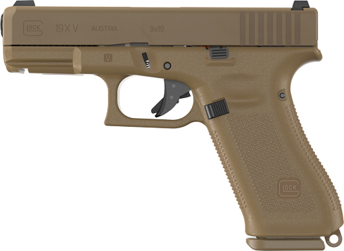 Glock 19X V handgun in tan color.