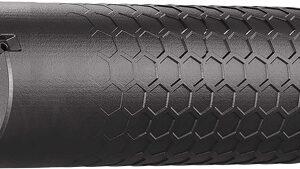 Black firearm suppressor with hexagonal grip pattern