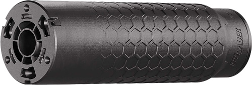 Black firearm suppressor with hexagonal grip pattern