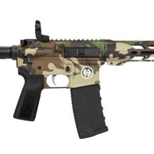 Camouflaged modern rifle with tactical features