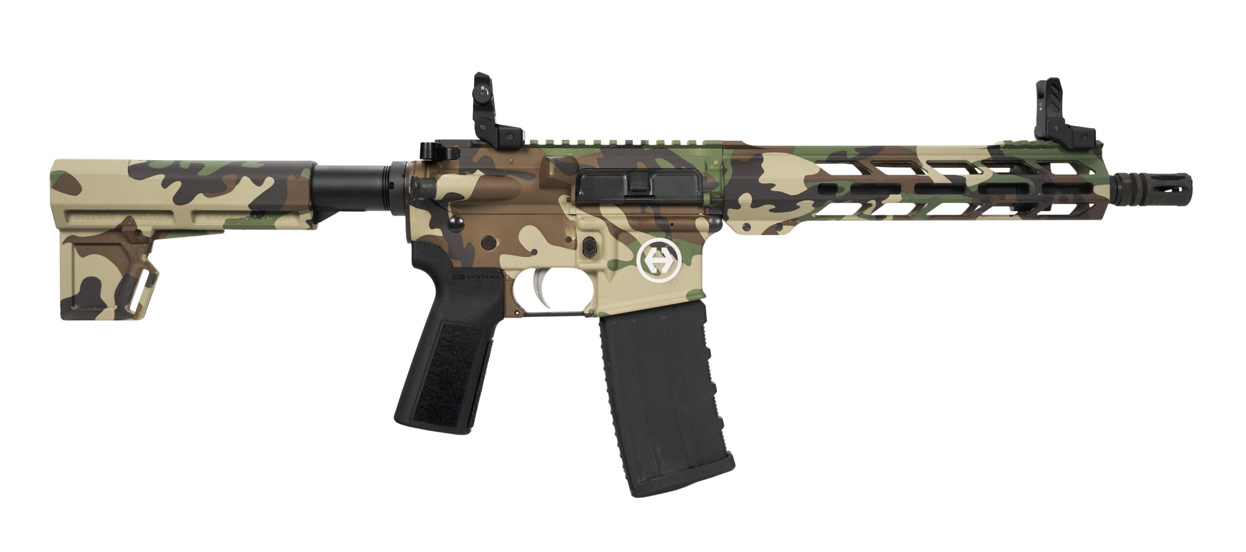 Camouflaged modern rifle with tactical features