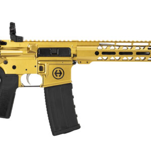 Modern golden firearm with black stock.