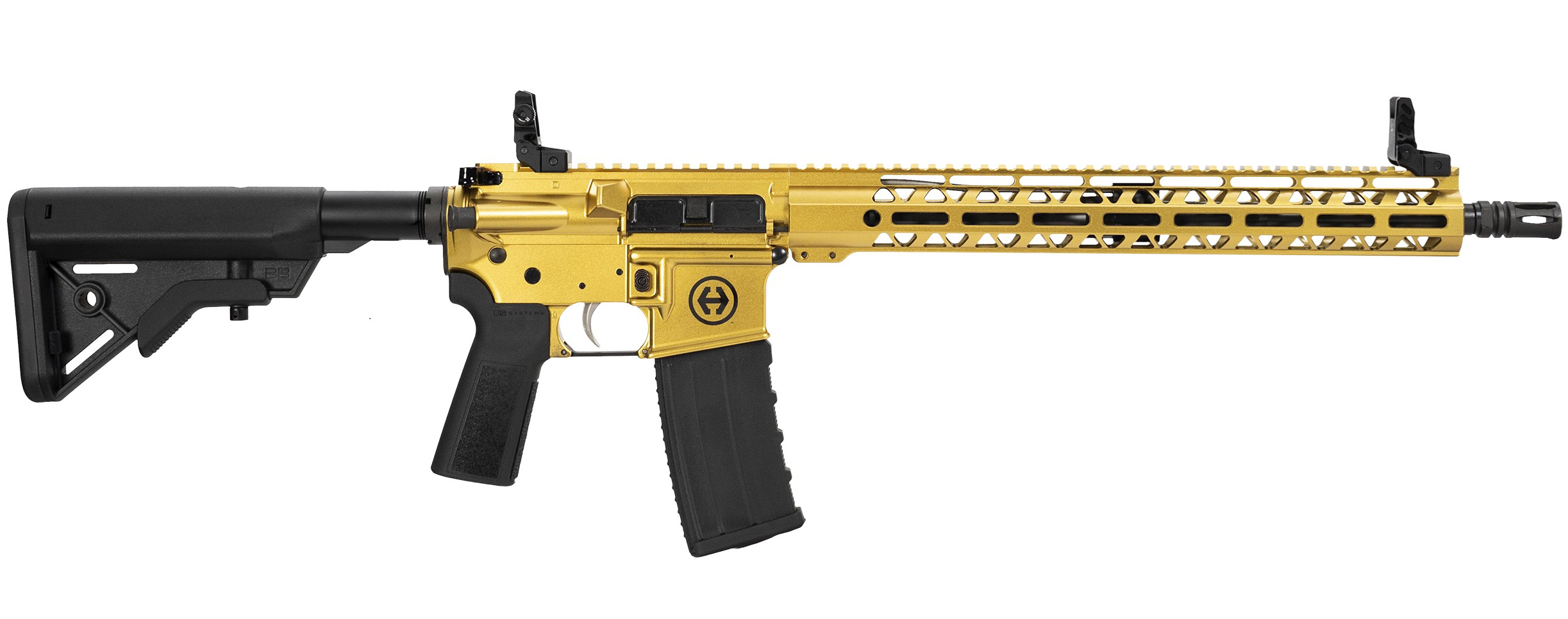 Modern golden firearm with black stock.