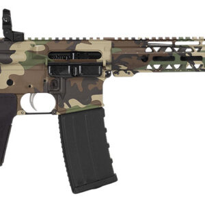 Camouflaged rifle with adjustable stock design.