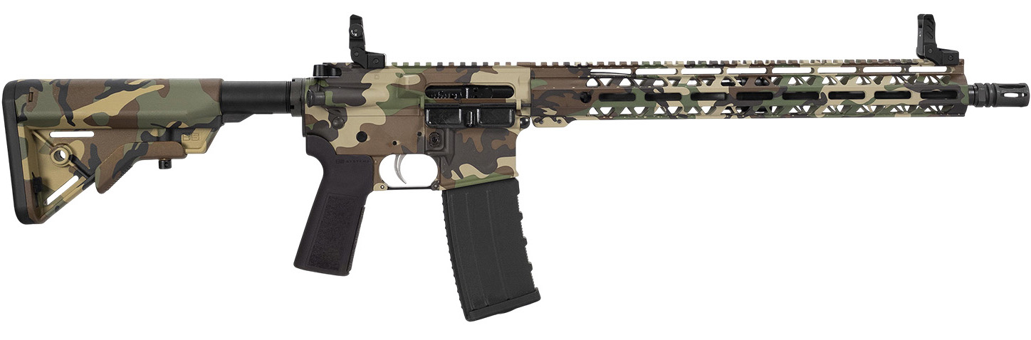 Camouflaged rifle with adjustable stock design.
