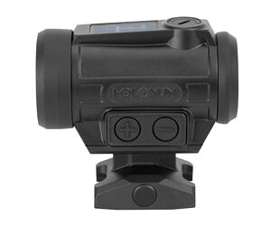 Black solar-powered rifle sight with adjustment buttons.