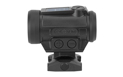 Black solar-powered rifle sight with adjustment buttons.