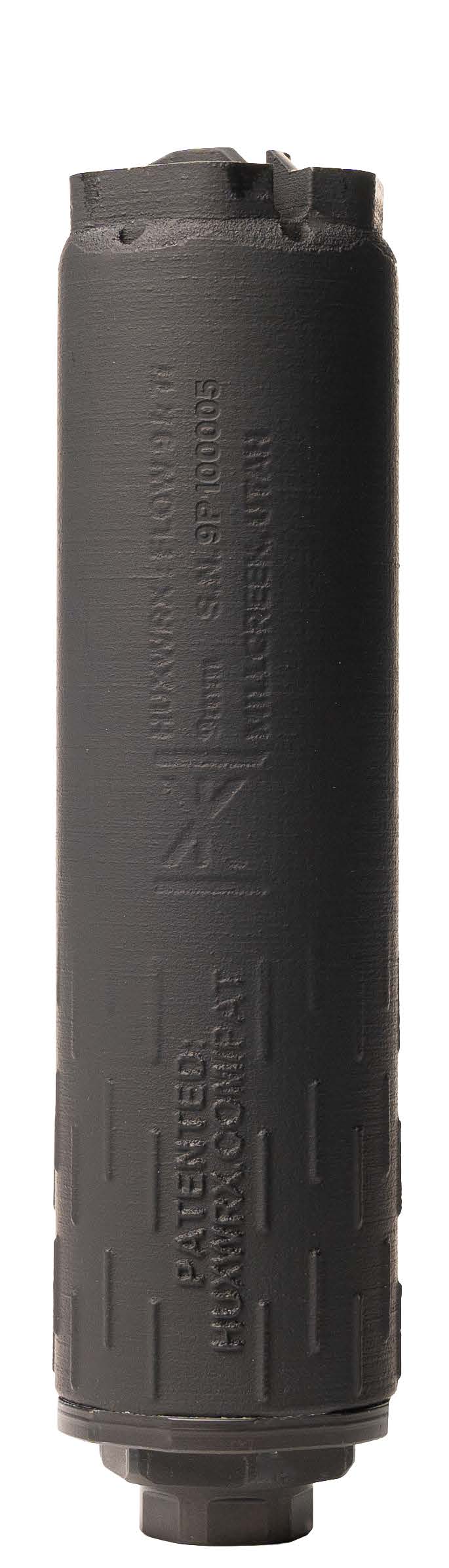Black firearm suppressor on a white background.
